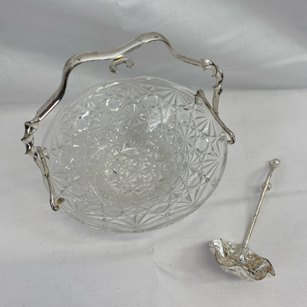 Vintage Cut Glass Bowl with Silver Handle & Matching Ladle